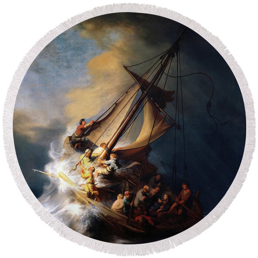 Rembrandt Van Rijn Round Beach Towel featuring the painting The Storm on the Sea of Galilee, miracle of Jesus, 1633 by Rembrandt