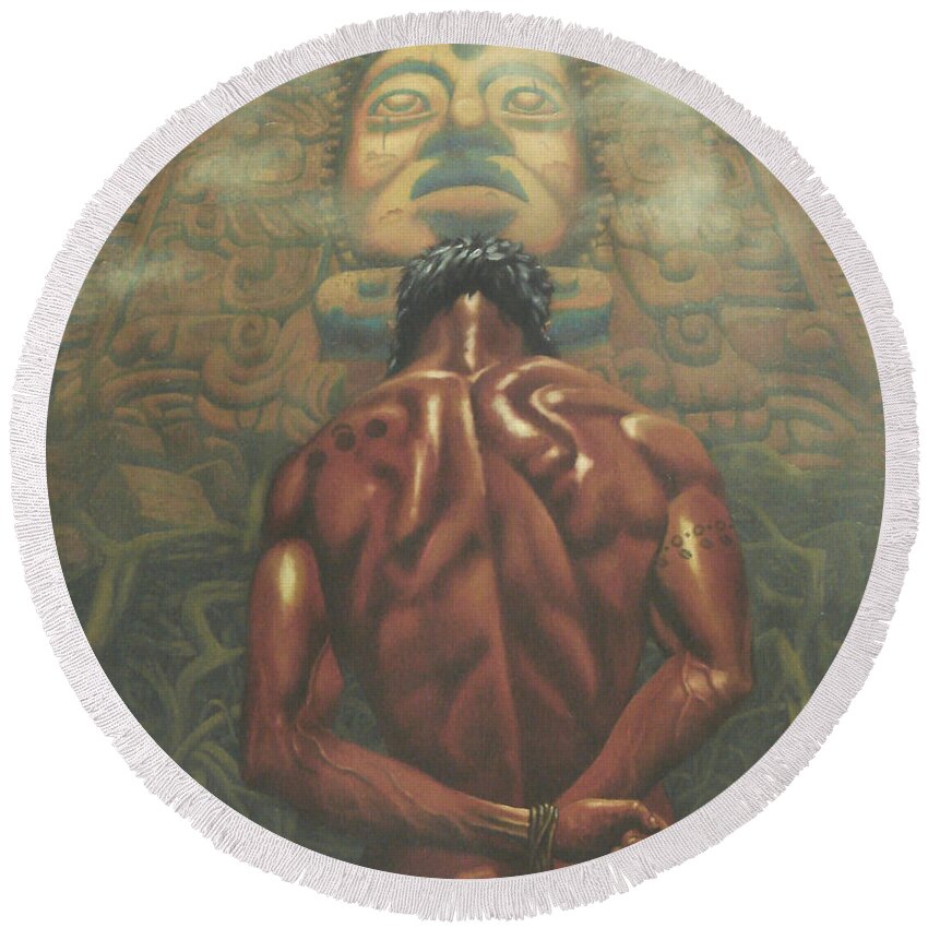 Maya Round Beach Towel featuring the painting The Supplicant by Ken Kvamme