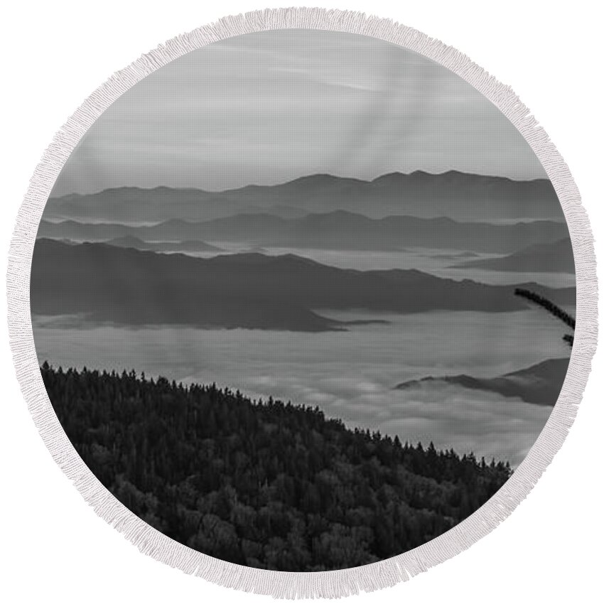 Clingmans Dome Round Beach Towel featuring the photograph The Top of the Mountain at Dawn, Black and White by Marcy Wielfaert