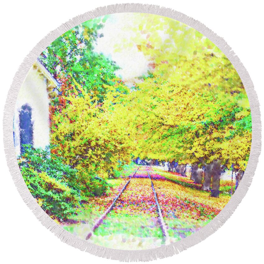 Train-tracks Round Beach Towel featuring the digital art The Tracks By The House by Kirt Tisdale