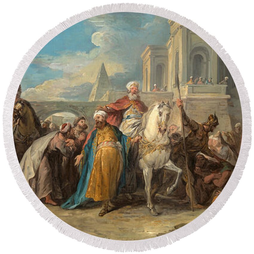 Jean-francois Detroy Round Beach Towel featuring the painting The Triumph of Mordecai by Jean-Francois Detroy