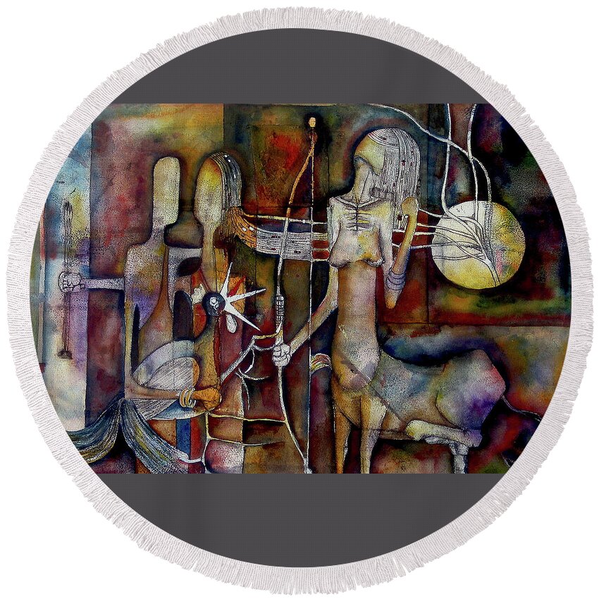 Abstract Round Beach Towel featuring the painting The Unicorn Man by Speelman Mahlangu 1958-2004