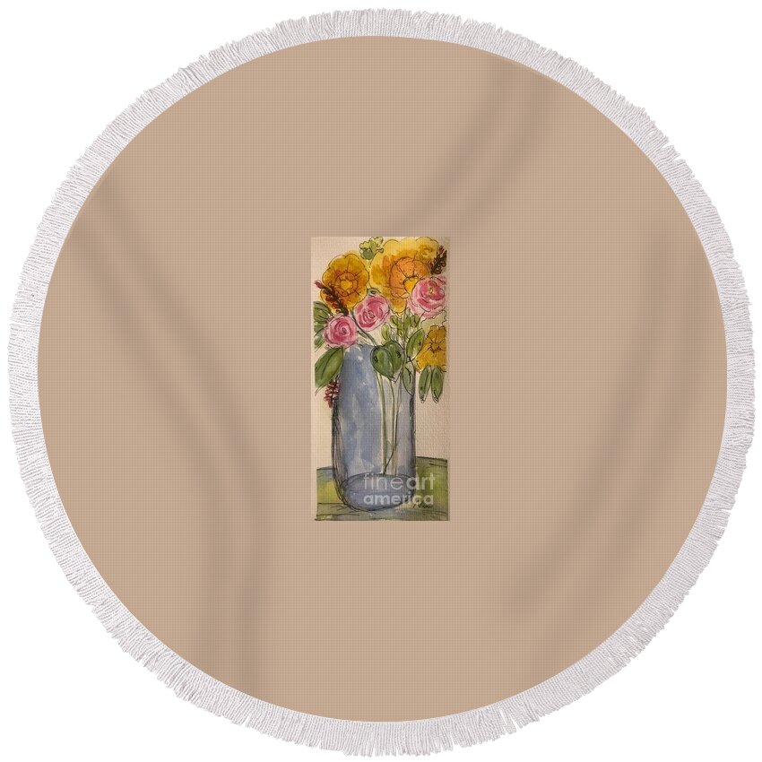 Floral Vase Round Beach Towel featuring the painting The Vase by Nina Jatania