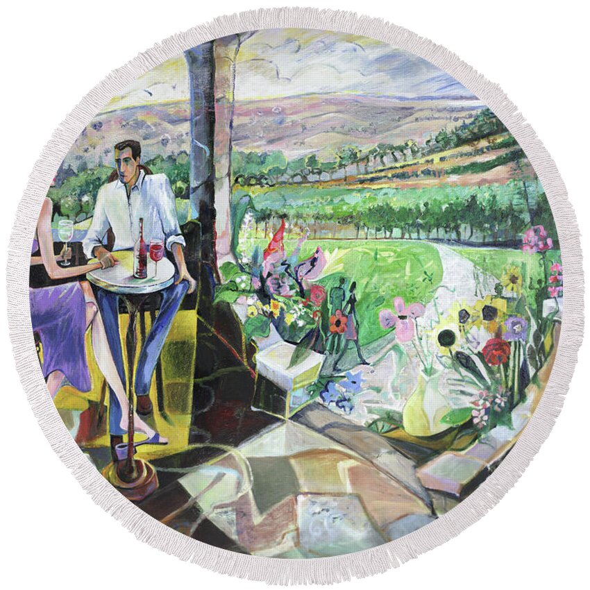 Winery Round Beach Towel featuring the painting The Vinyard by Cherie Salerno