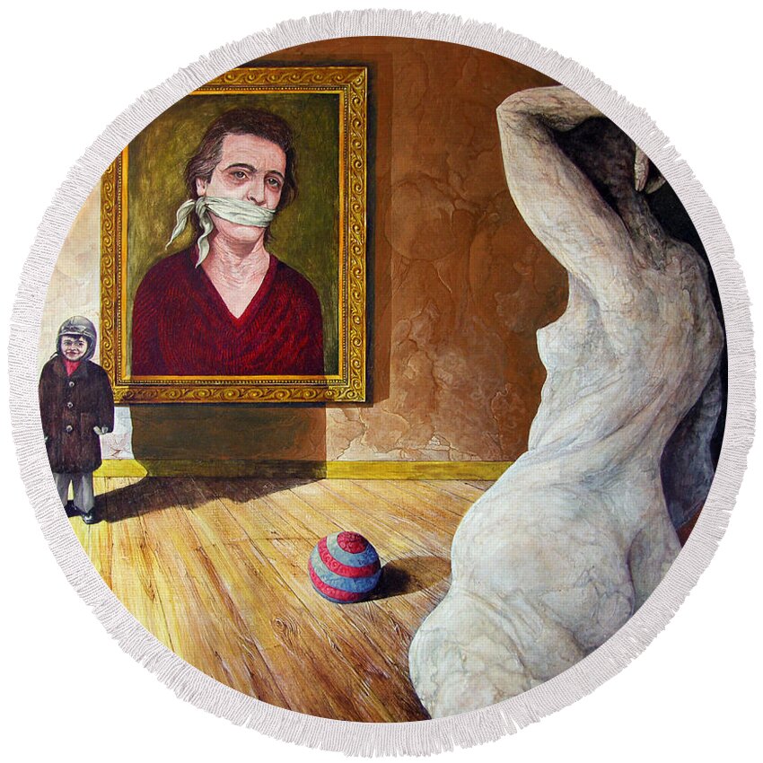 Surrealism Round Beach Towel featuring the painting The Visitor by Otto Rapp