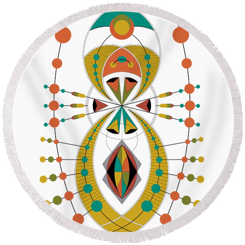 Mid Century Round Beach Towel featuring the digital art The Visitor to the Mid Century on wihite vertical line background by DB Artist