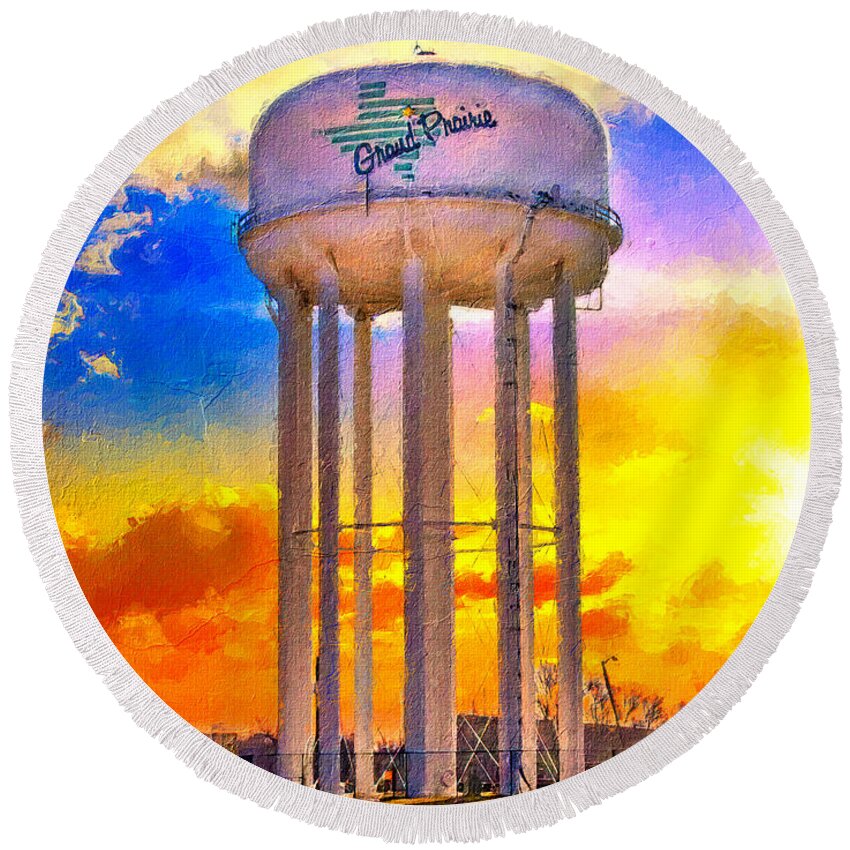Water Tower Round Beach Towel featuring the digital art The water tower near State Highway 161 at sunset, Grand Prairie, Texas by Nicko Prints