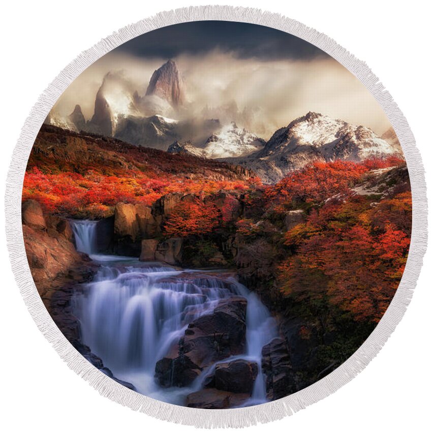 Waterfalls Round Beach Towel featuring the photograph The waterfall under Fitz Roy by Henry w Liu