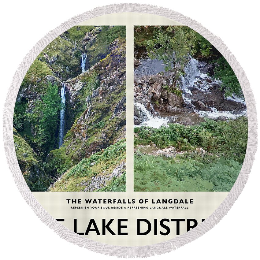 Lake District Round Beach Towel featuring the photograph The Waterfalls of Langdale No2 Cream Railway Poster by Brian Watt
