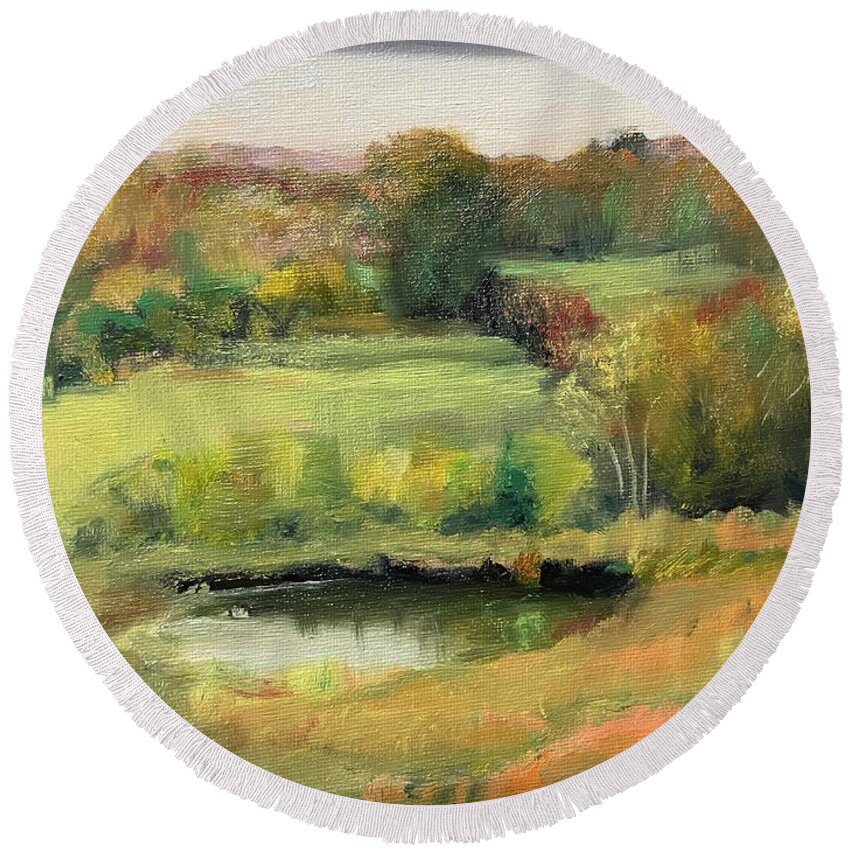 Lake Leslie Landscape Lake View Scenery Sky Impressionism Plein Air Augusta Missouri Lessie Round Beach Towel featuring the painting The Waterhole by Manuela Woolsey