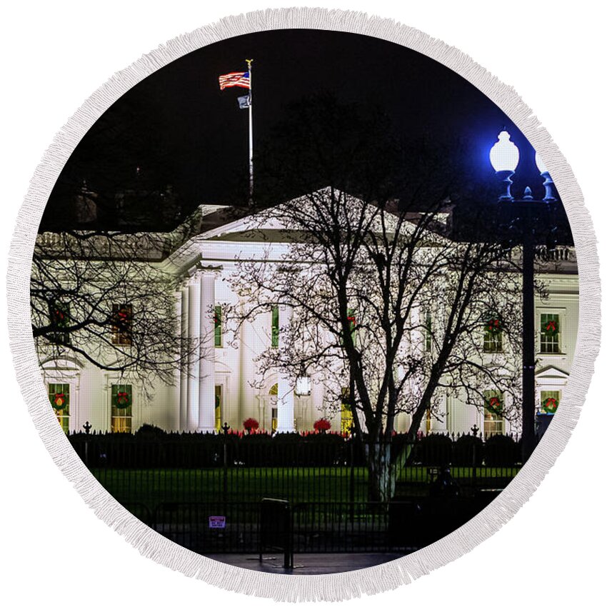 The White House Round Beach Towel featuring the digital art The White House by SnapHappy Photos