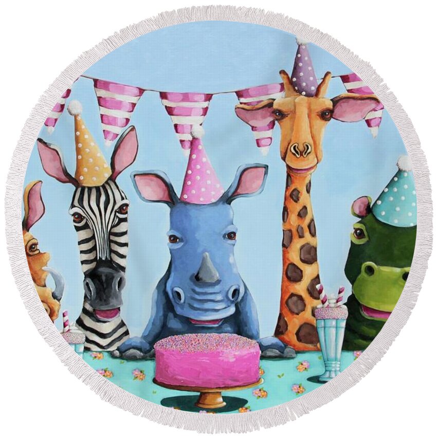 Warthog Round Beach Towel featuring the painting The Wild Party by Lucia Stewart