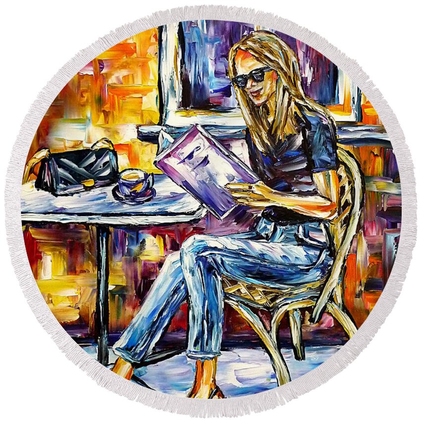 Woman In Cafe Round Beach Towel featuring the painting The Woman With The Menu by Mirek Kuzniar
