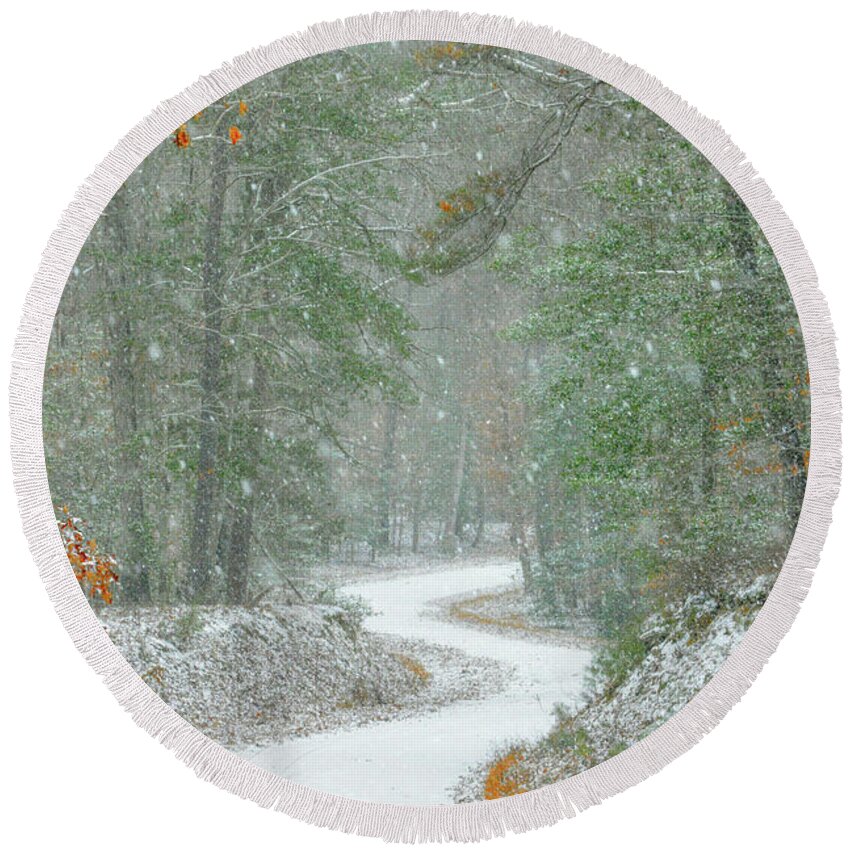 Snow Round Beach Towel featuring the photograph The Woods are Lovely Dark and Deep by Addison Likins