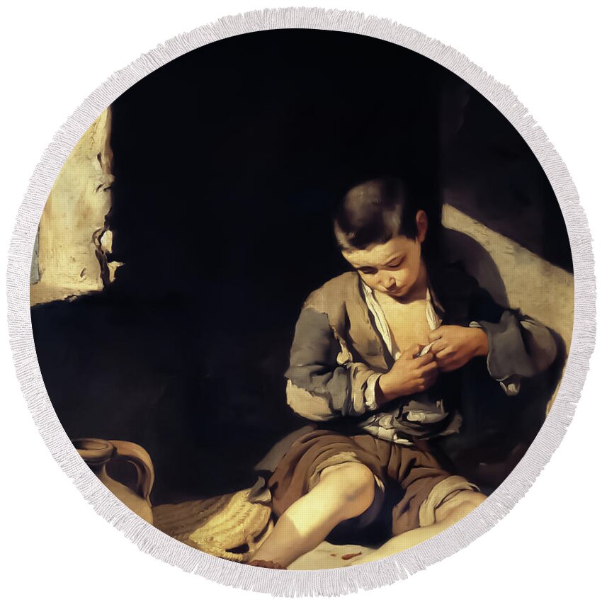 Young Round Beach Towel featuring the painting The Young Beggar by Bartolome Esteban Perez Murillo