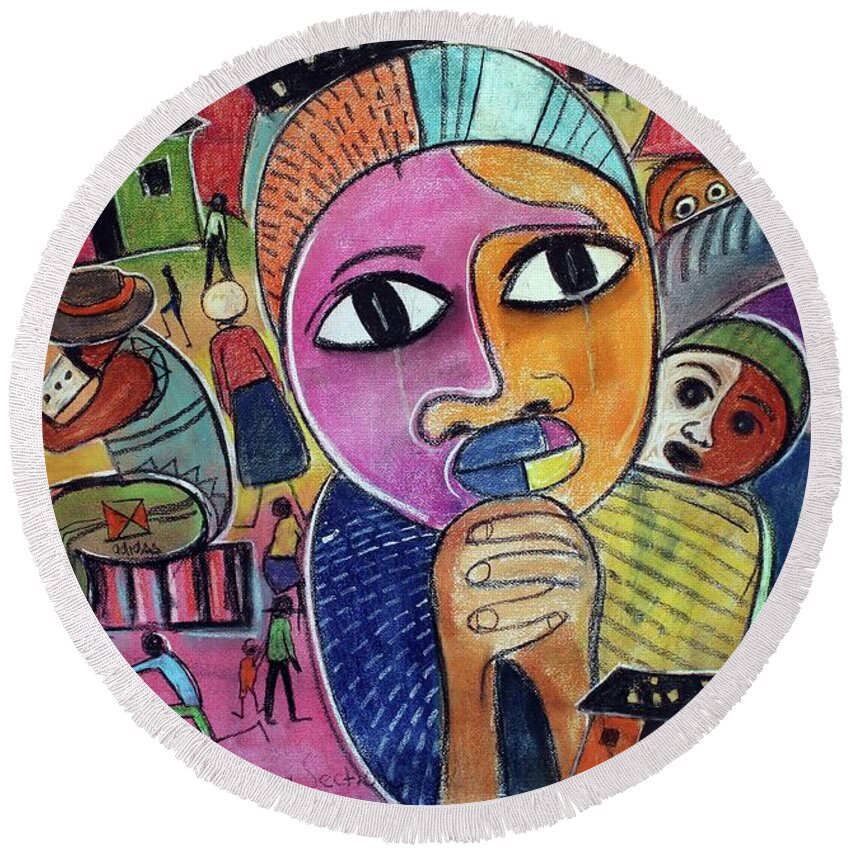 African Art Round Beach Towel featuring the painting Thembisa by Eli Kobeli 1932-1999