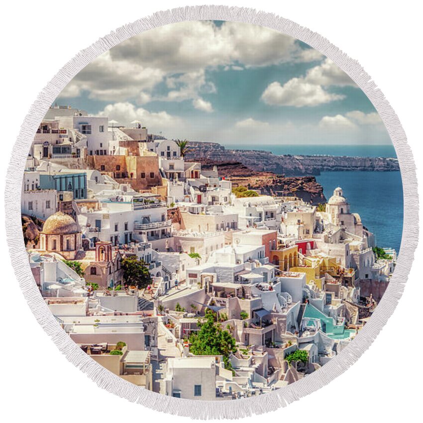 Thera Round Beach Towel featuring the photograph Thera - Fira City on Santorini - Greece by Stefano Senise