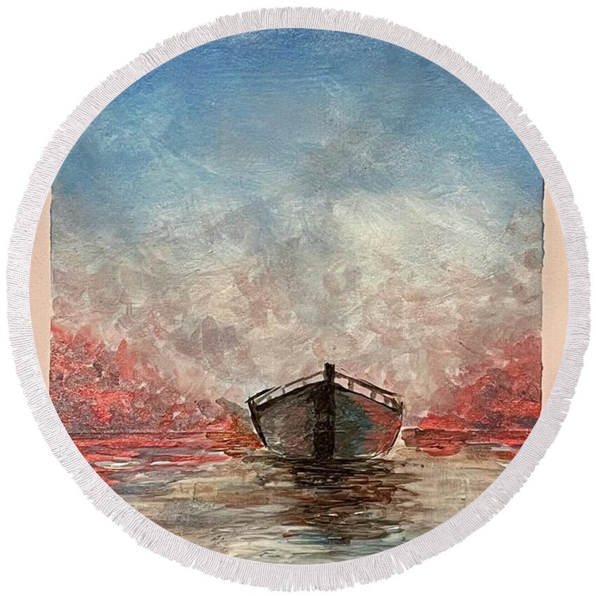Boat Red Round Beach Towel featuring the painting There Is No Turning Back by Alina Deica