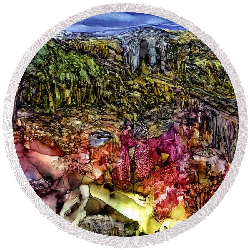 Alcohol Ink Round Beach Towel featuring the painting There's Magic in the Landscape by Angela Marinari