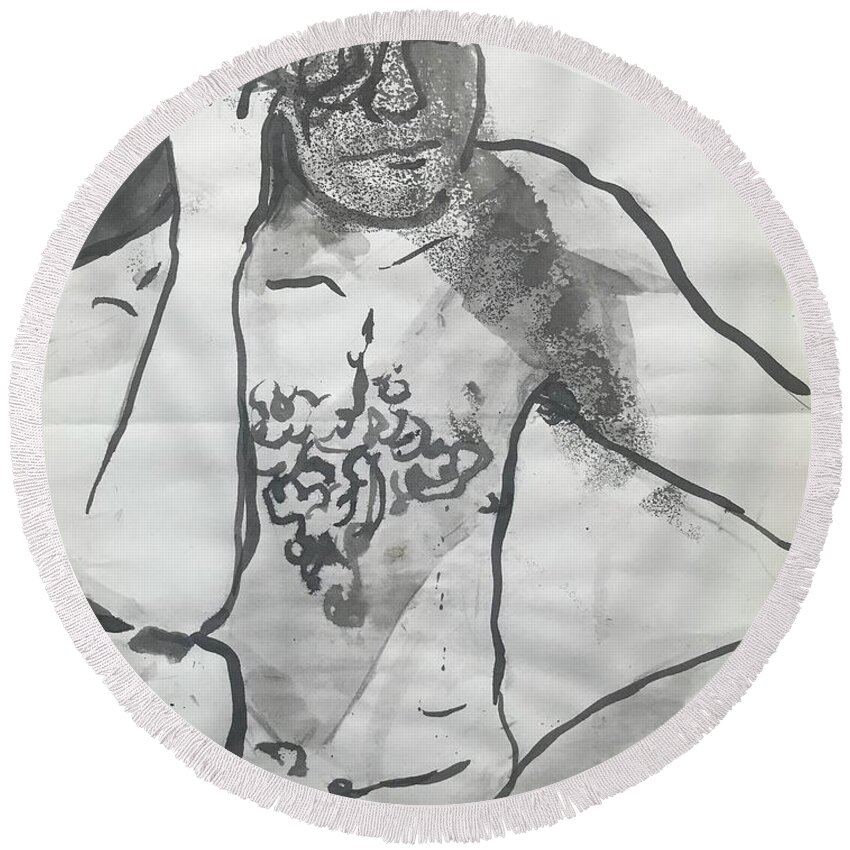 Sumi Ink Round Beach Towel featuring the drawing Thinking Boi by M Bellavia
