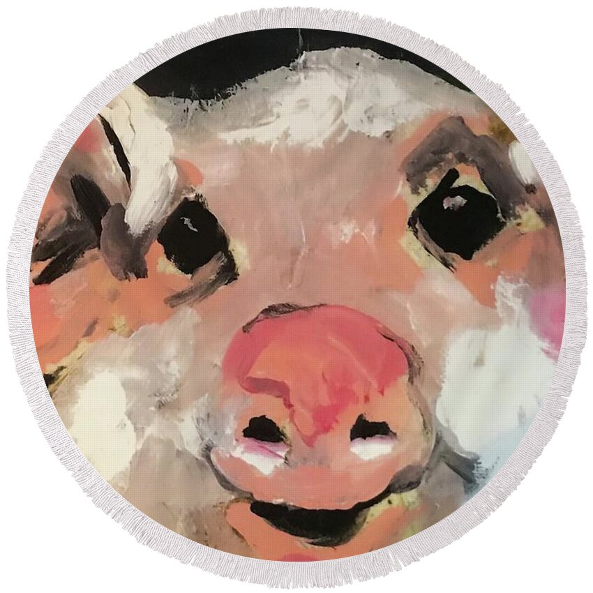 Pig Round Beach Towel featuring the painting This Little Piggy by Elaine Elliott