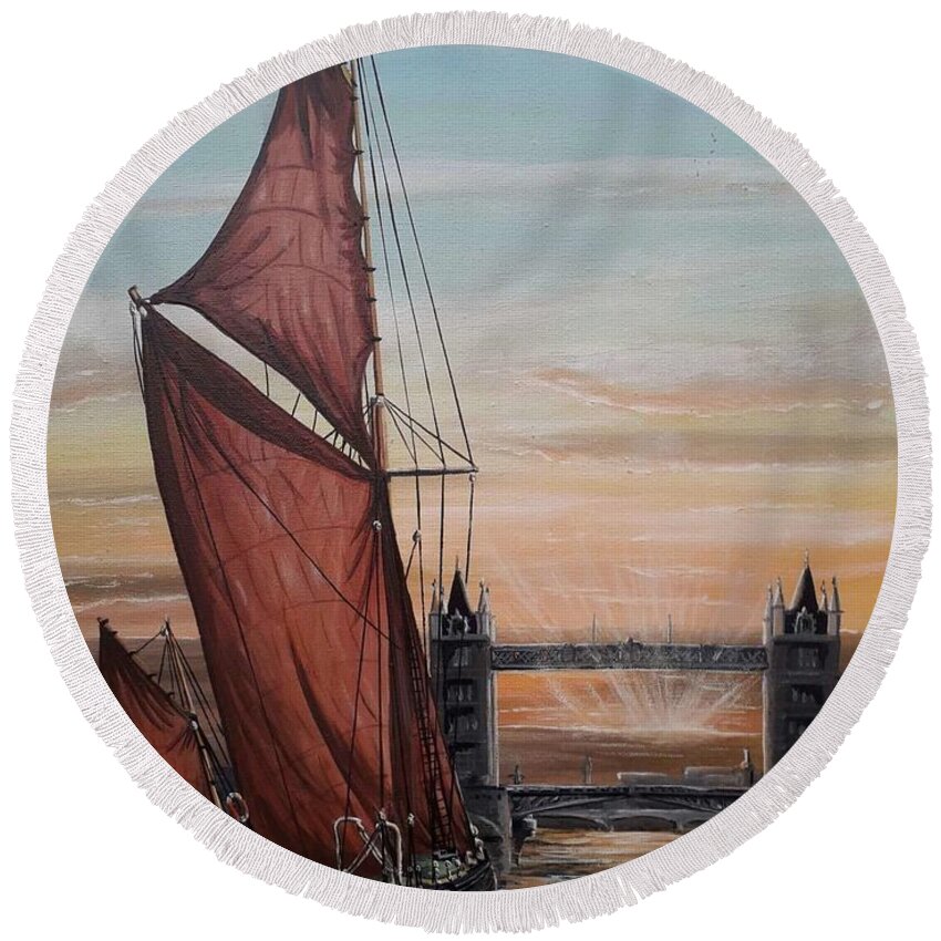 Thames Sailing Barge Round Beach Towel featuring the painting Thmes Sailing Barge Dannebrog heading towards Tower Bridge London by Mackenzie Moulton