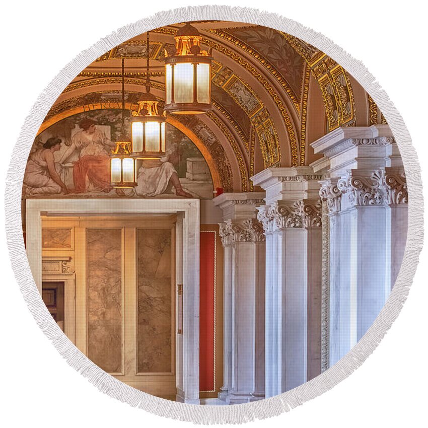 Library Of Congress Round Beach Towel featuring the photograph Thomas Jefferson Hallway by Susan Candelario