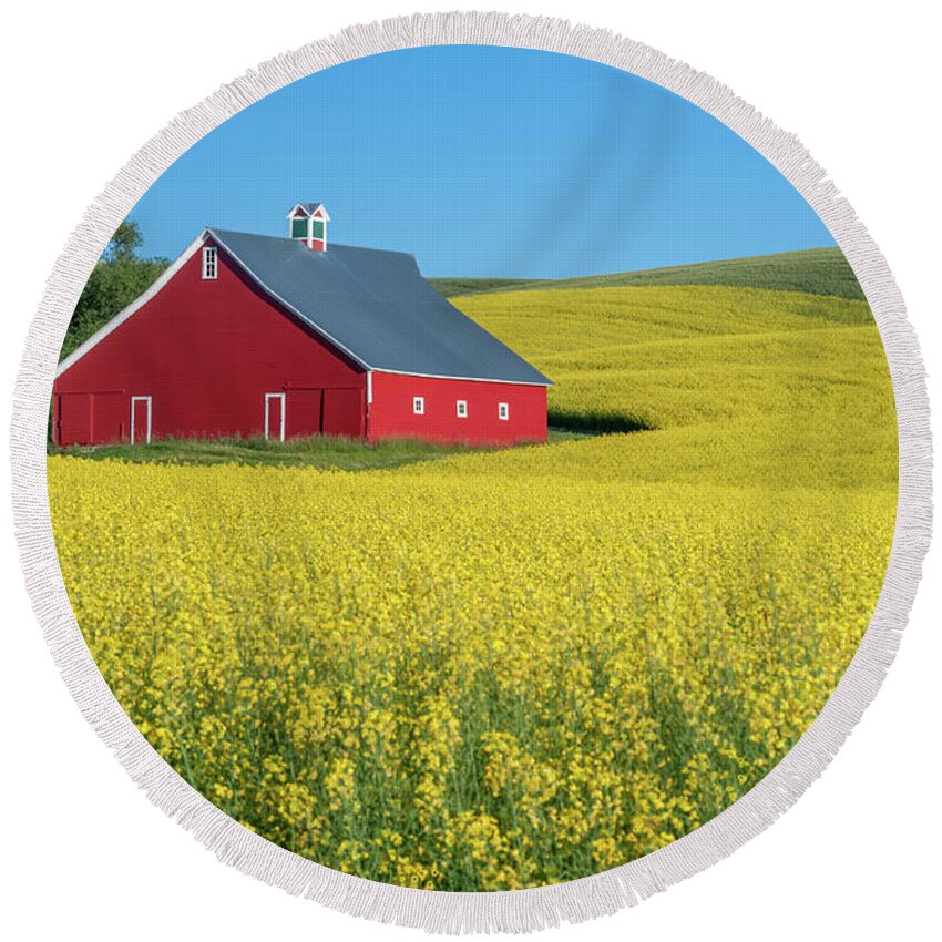 Outdoors Round Beach Towel featuring the photograph Thorncreek Barn and Canola by Doug Davidson