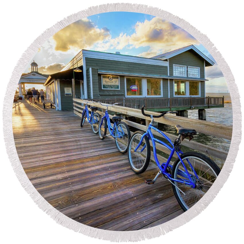 Clouds Round Beach Towel featuring the photograph Three Bicycles on the Dock Jekyll Island by Debra and Dave Vanderlaan