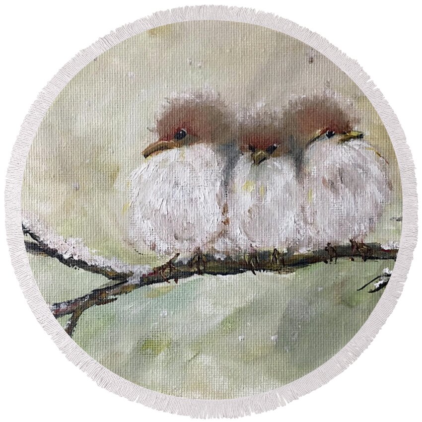 Fairy Wrens Round Beach Towel featuring the painting Three Fat Fluffballs by Roxy Rich