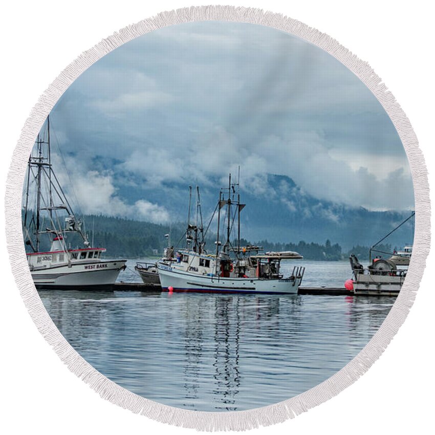 Alaska Round Beach Towel featuring the photograph Three Fishing Vessels Waiting in Juneau by Marcy Wielfaert
