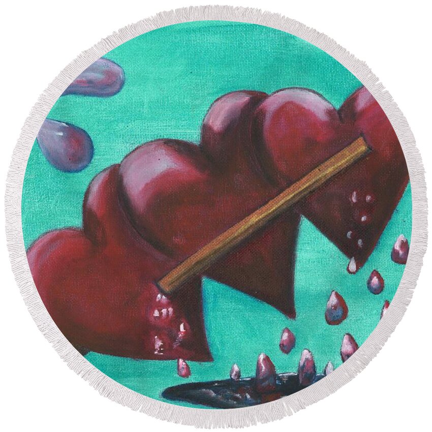 Love Round Beach Towel featuring the painting Three Of Hearts by Esoteric Gardens KN