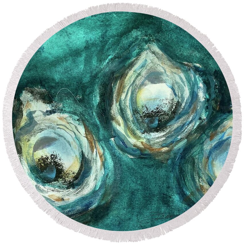 Louisiana Seafood Round Beach Towel featuring the painting Three Oyster Cult by Francelle Theriot