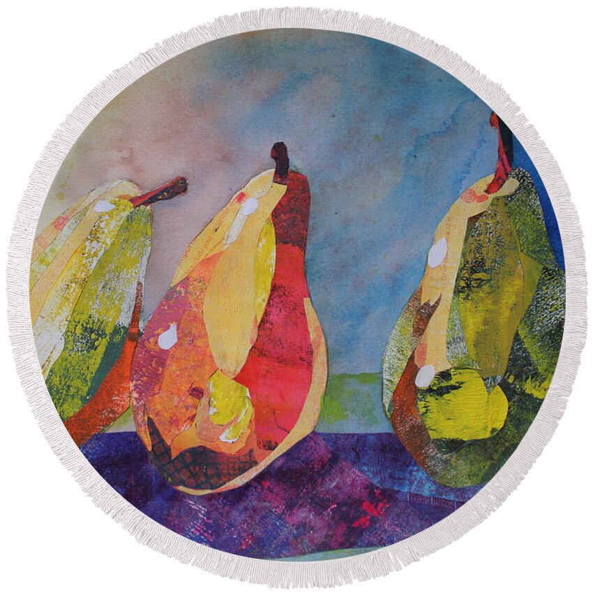 Collage Round Beach Towel featuring the painting Three pears beats a full house by Ruth Kamenev