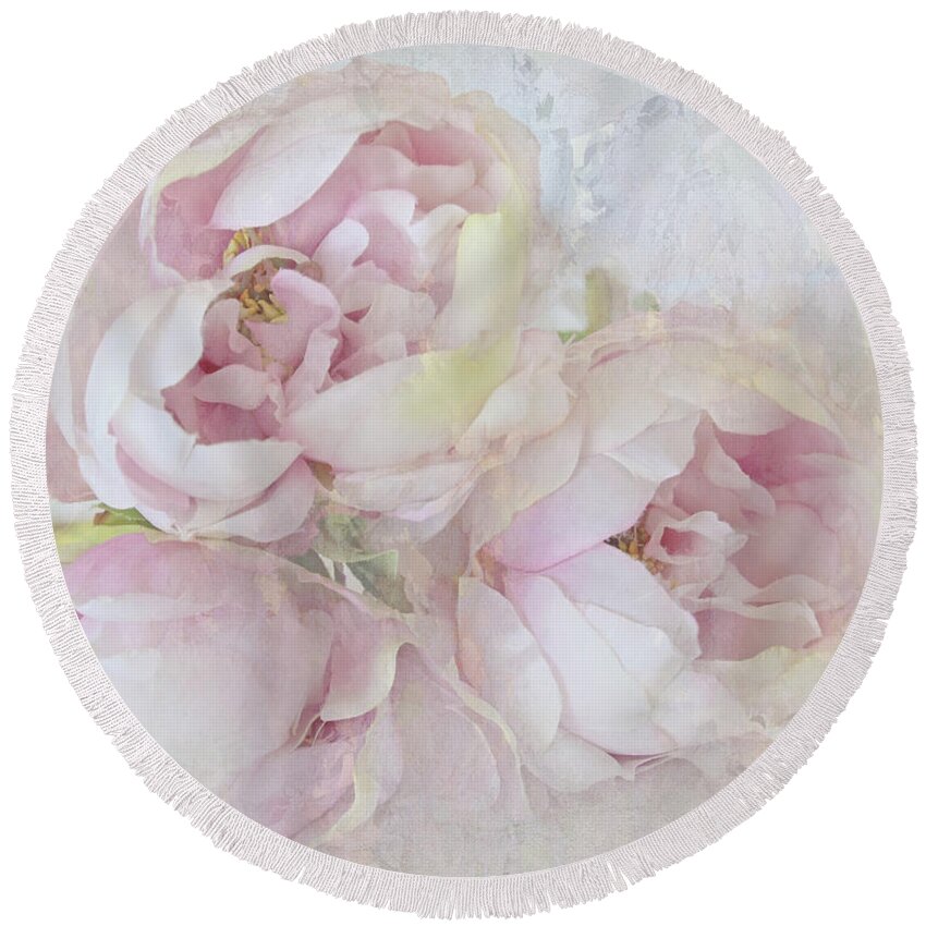 Flower Round Beach Towel featuring the photograph Three Peonies by Karen Lynch