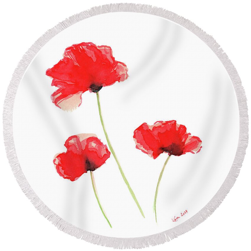 Poppy Round Beach Towel featuring the painting Three red poppies by Karen Kaspar