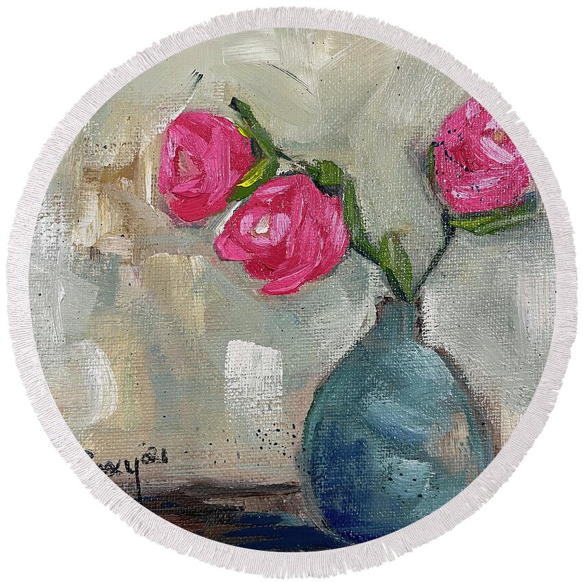 Rose Painting Round Beach Towel featuring the painting Three Roses by Roxy Rich