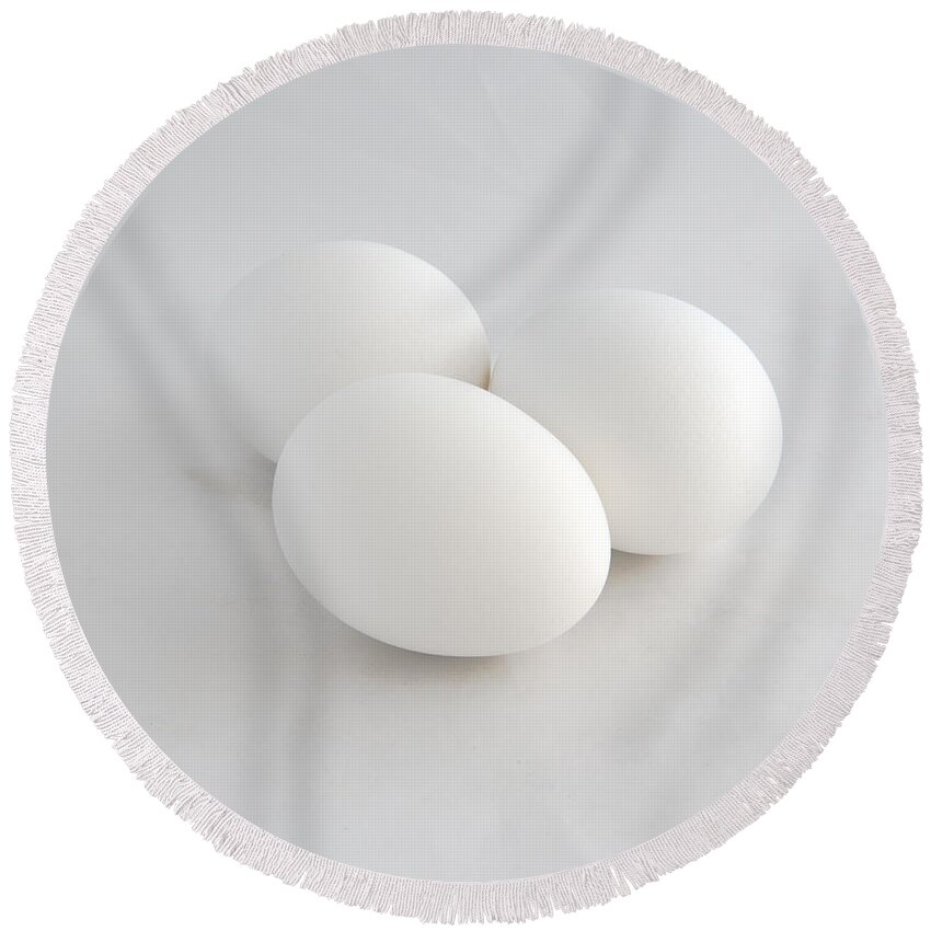 Eggs Round Beach Towel featuring the photograph Three White Eggs by Kae Cheatham