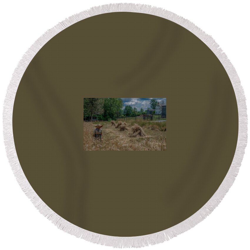Old Fashioned Round Beach Towel featuring the photograph Threshing the Wheat by Regina Muscarella