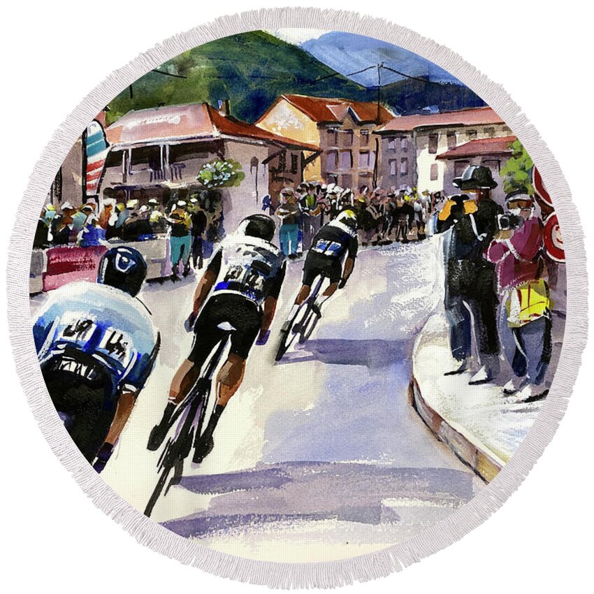Le Tour De France Round Beach Towel featuring the painting Through the Town Stage 16 TDF2021 by Shirley Peters