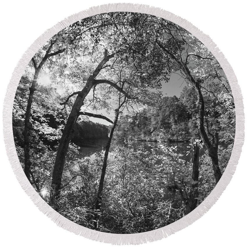 Carolina Round Beach Towel featuring the photograph Through the Trees at the Lake Black and White by Debra and Dave Vanderlaan