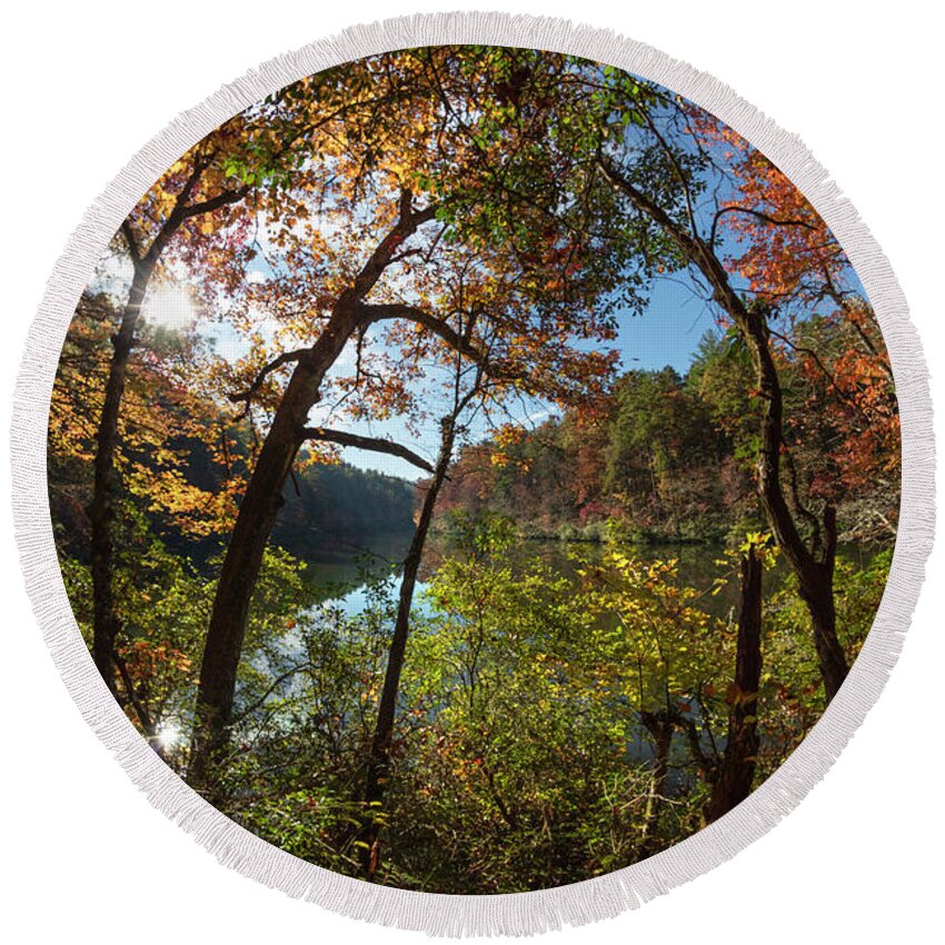 Carolina Round Beach Towel featuring the photograph Through the Trees at the Lake by Debra and Dave Vanderlaan