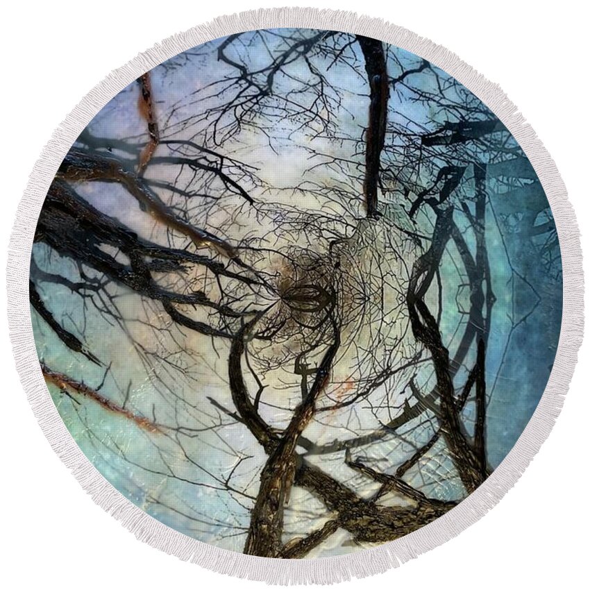 Encaustic Round Beach Towel featuring the mixed media Through the Trees by Dorian Hill