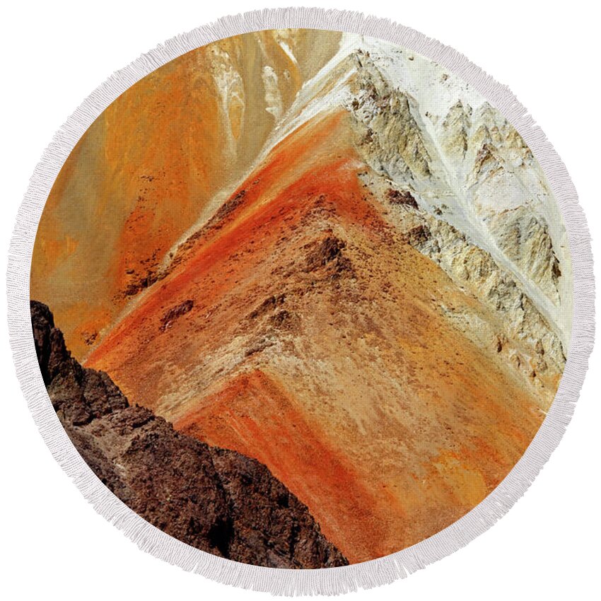 Orange Abstract Round Beach Towel featuring the photograph Thunupa volcano colours detail Bolivia by James Brunker