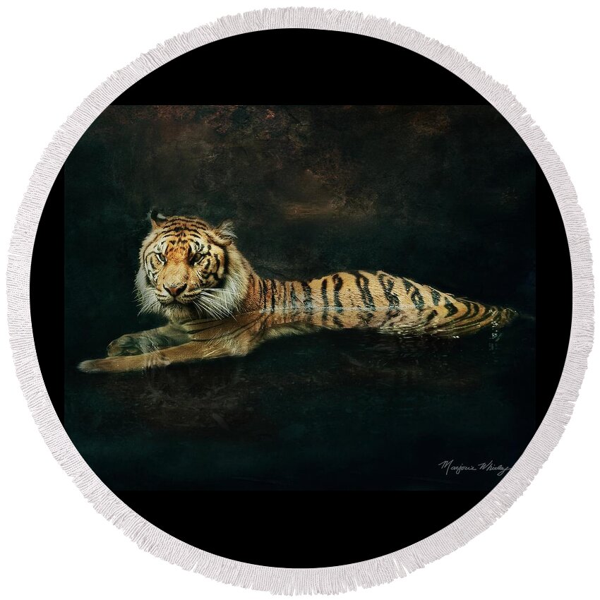 Texture Round Beach Towel featuring the photograph Tiger In Water by Marjorie Whitley