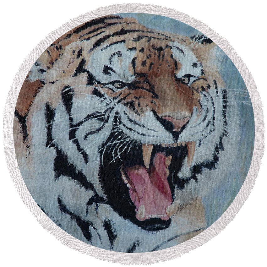 Cat Round Beach Towel featuring the painting Tiger by Masami IIDA