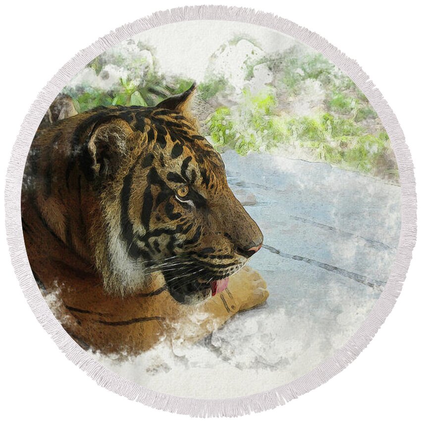 Tiger Round Beach Towel featuring the digital art Tiger Portrait with Textures by Alison Frank