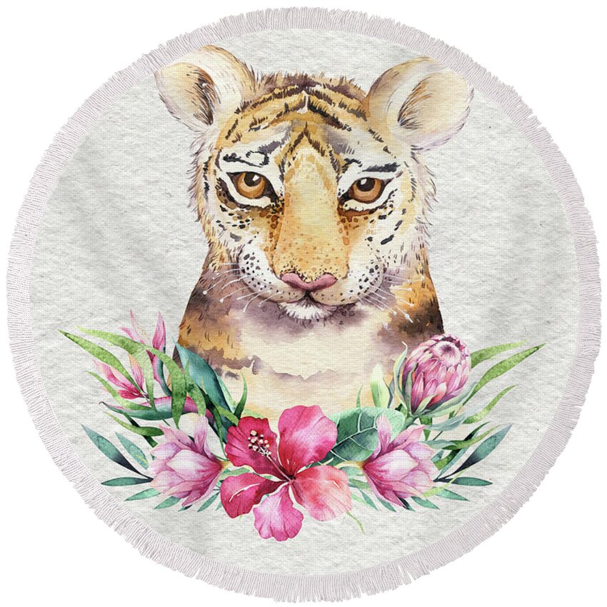 Tiger With Flowers Round Beach Towel featuring the painting Tiger With Flowers by Nursery Art