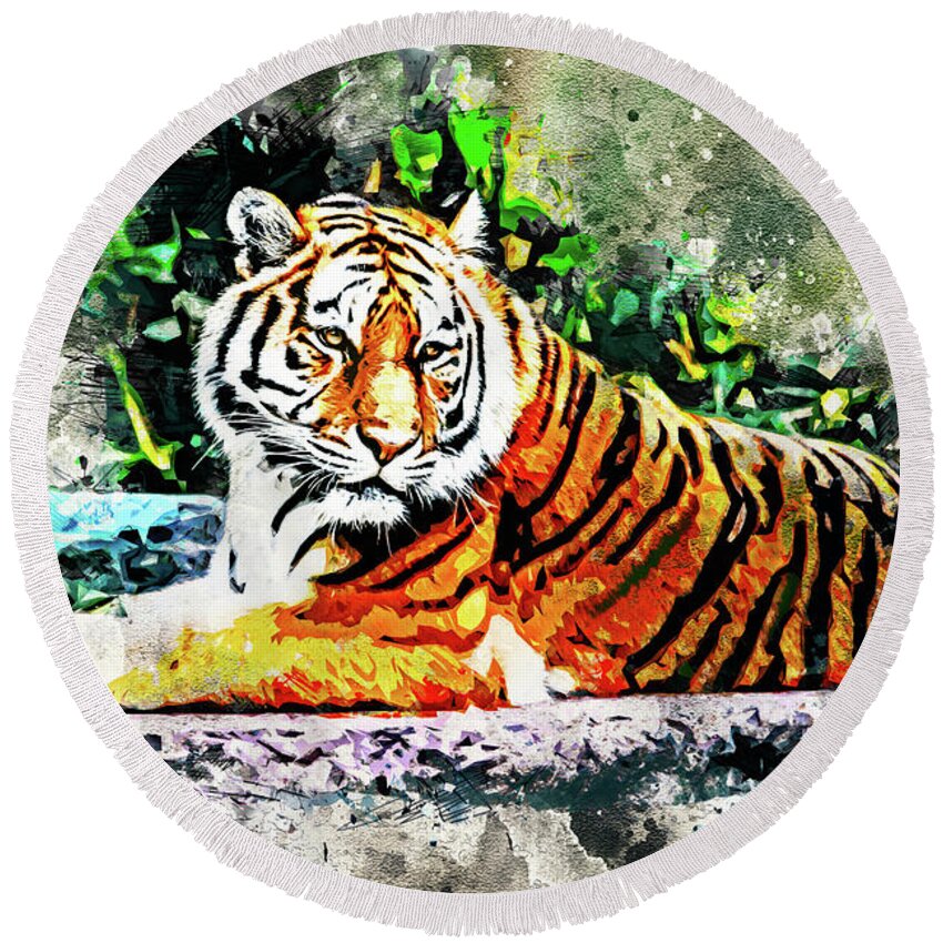 Wildlife Round Beach Towel featuring the digital art Tiger by - Zedi -