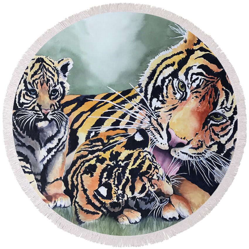 Tiger Round Beach Towel featuring the painting Tigers by Hilda Vandergriff